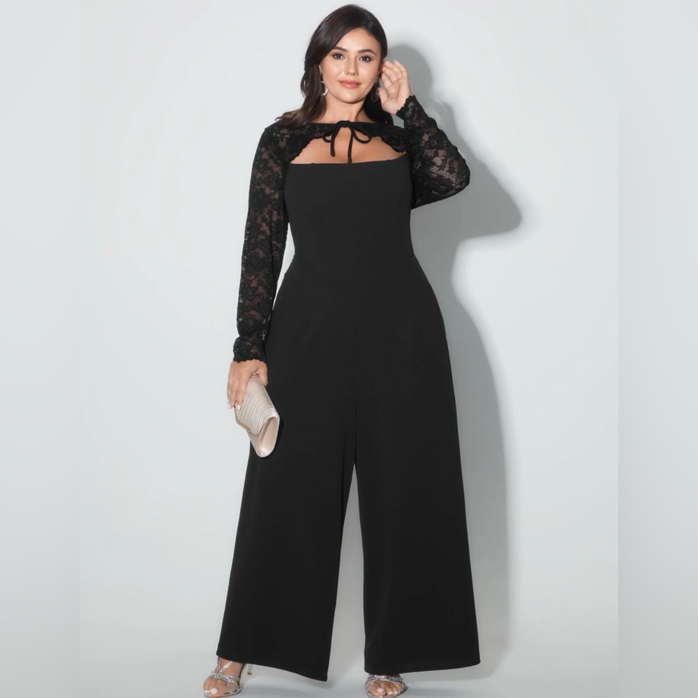 BloomChic Black Lace Sleeve Jumpsuit wide leg sz 12 NEW stretch